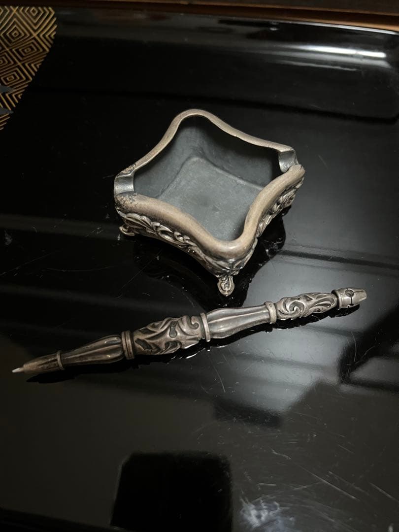 最高級 日本ハンドメイド 銀 シルバー ペンとペン立て 小物入れ 灰皿