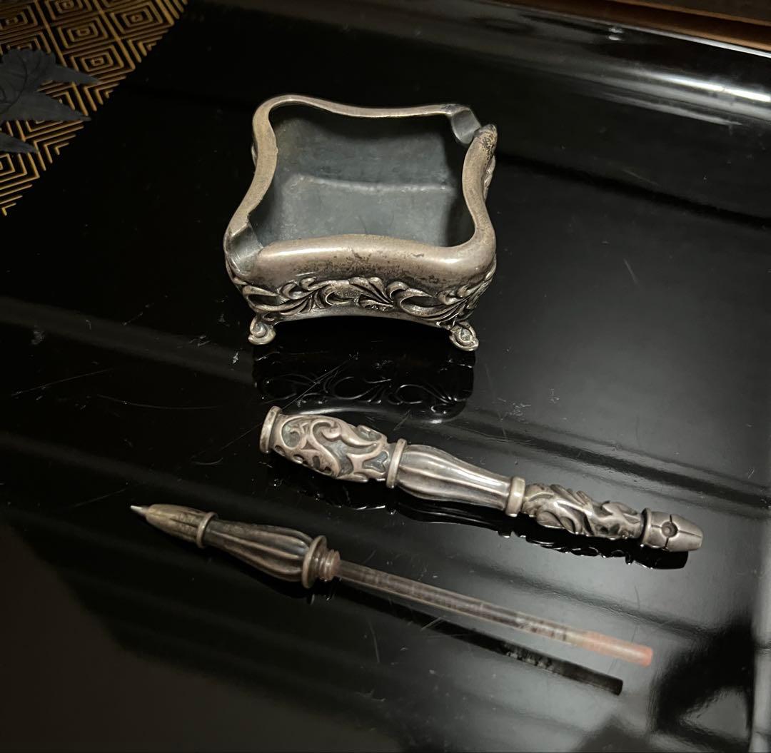 最高級 日本ハンドメイド 銀 シルバー ペンとペン立て 小物入れ 灰皿