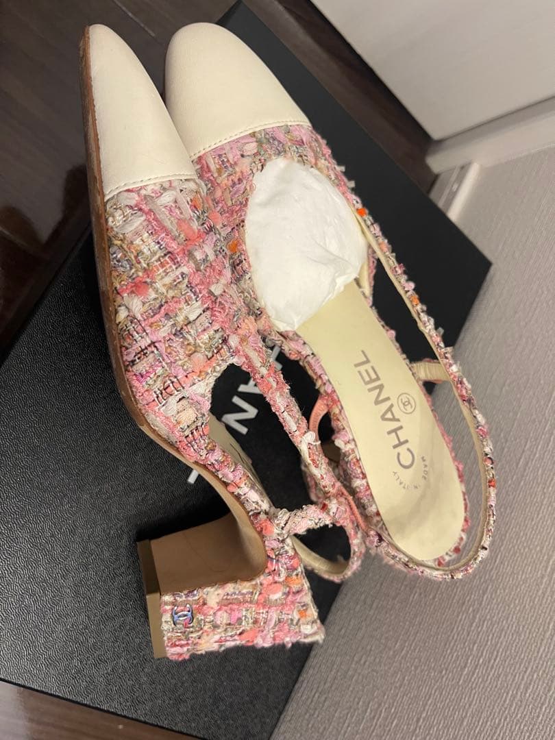 CHANEL スリングバックパンプス 中ヒール ピンク系