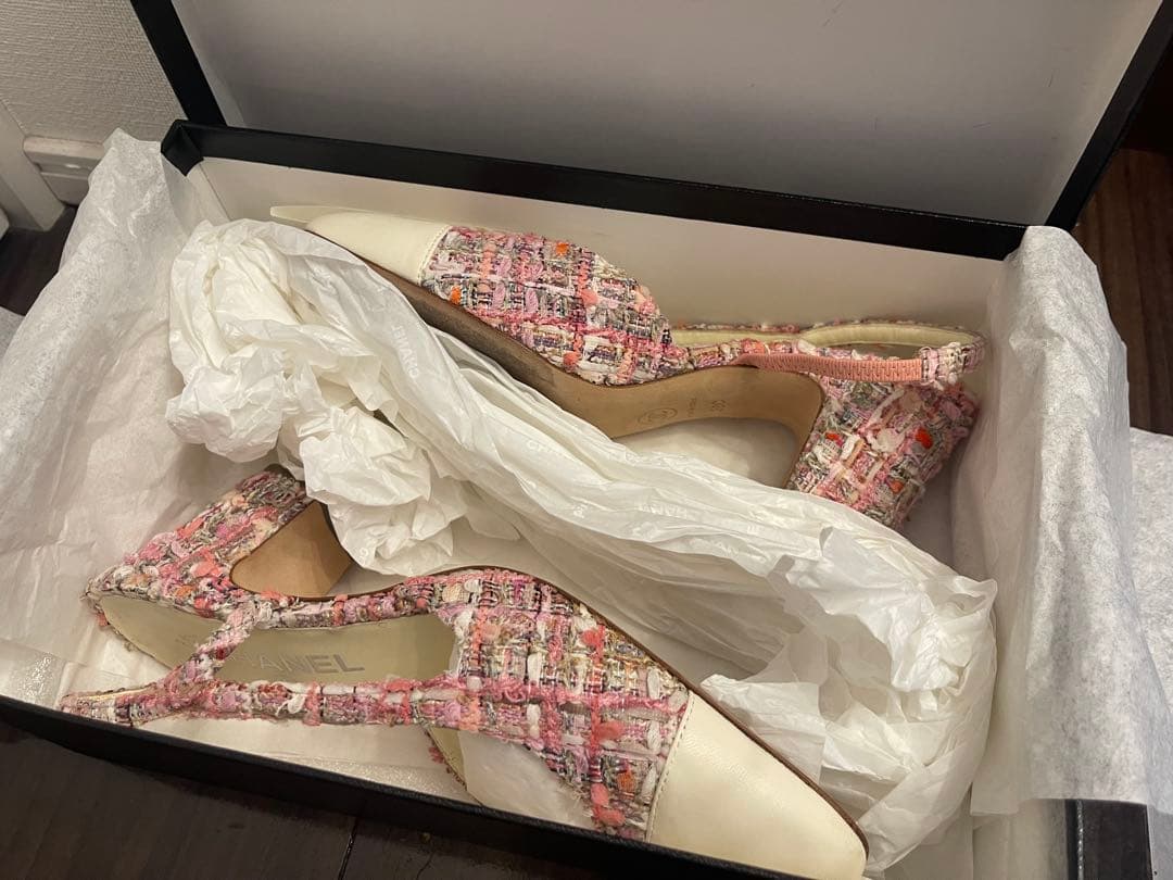 CHANEL スリングバックパンプス 中ヒール ピンク系