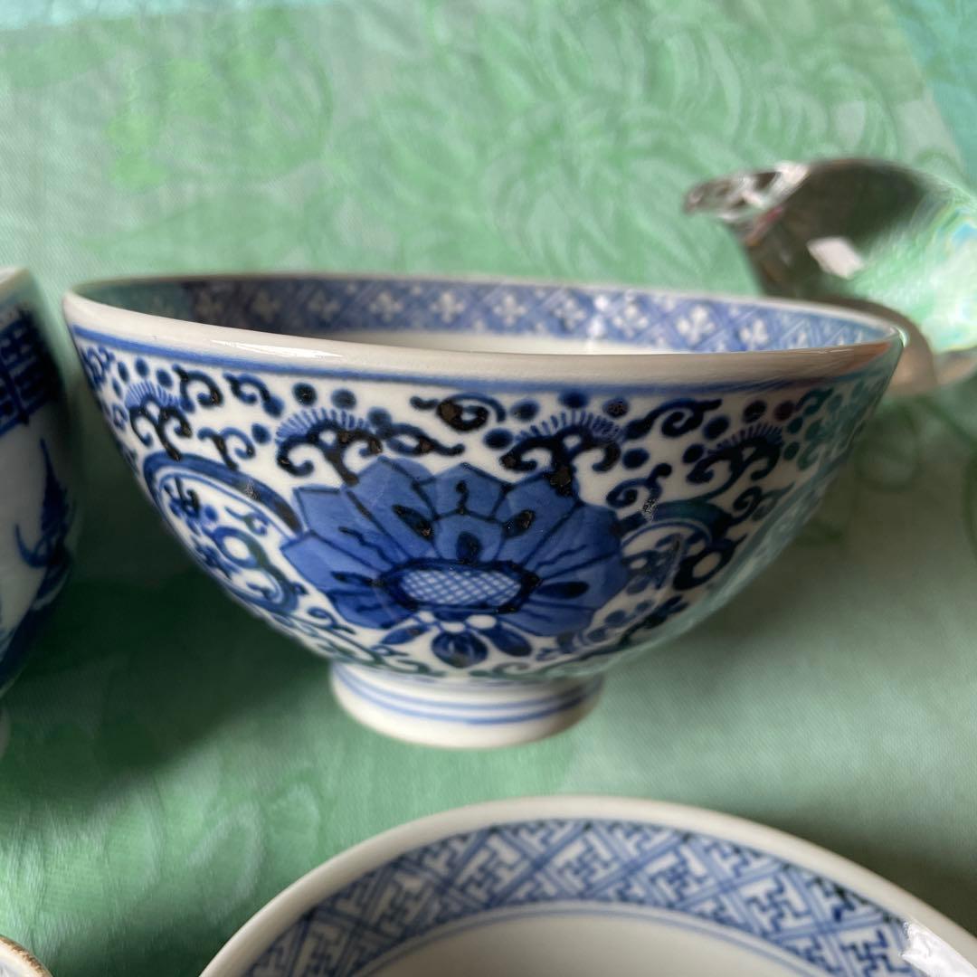 古伊万里　染付　鳳凰　龍　牡丹唐草　ご飯茶碗　4客