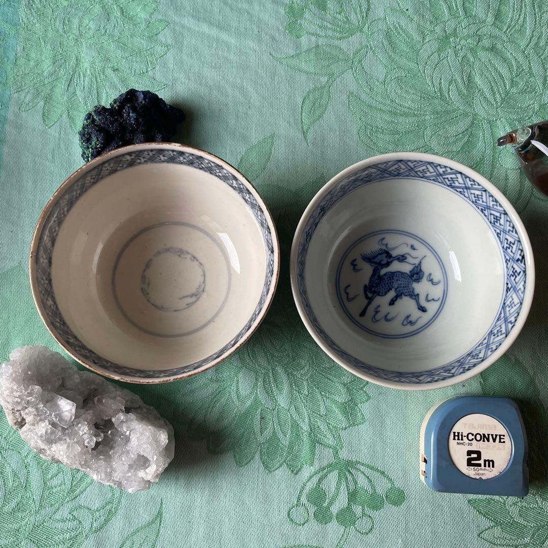 古伊万里　染付　鳳凰　龍　牡丹唐草　ご飯茶碗　4客