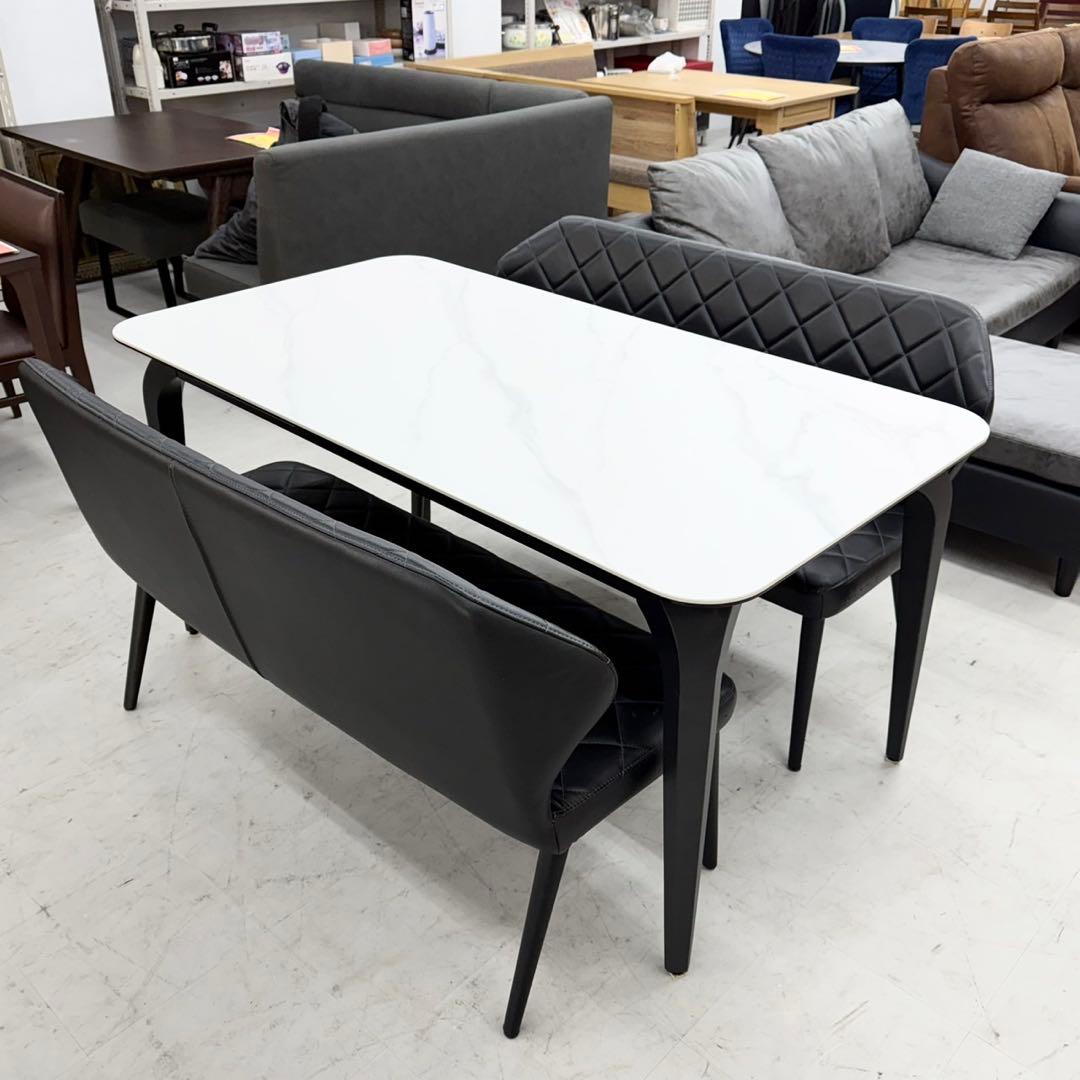 セラミック天板 4人掛けダイニングテーブルセット キルティング柄ベンチ 大理石調