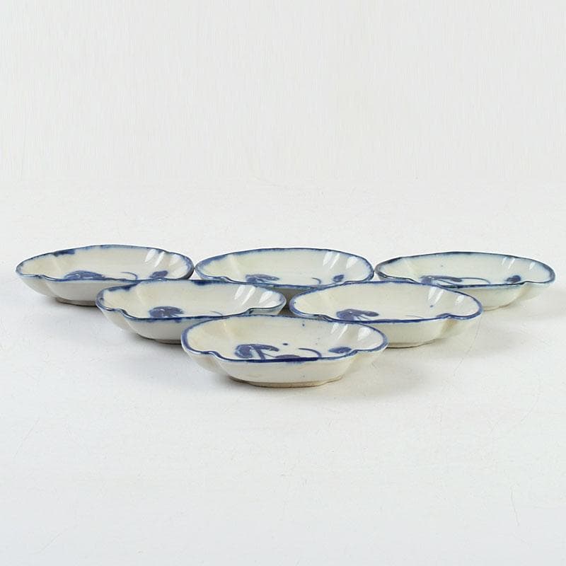 和食器　茶懐石　染付　花蝶文　手塩皿　六客　在銘　時代箱　V　9355