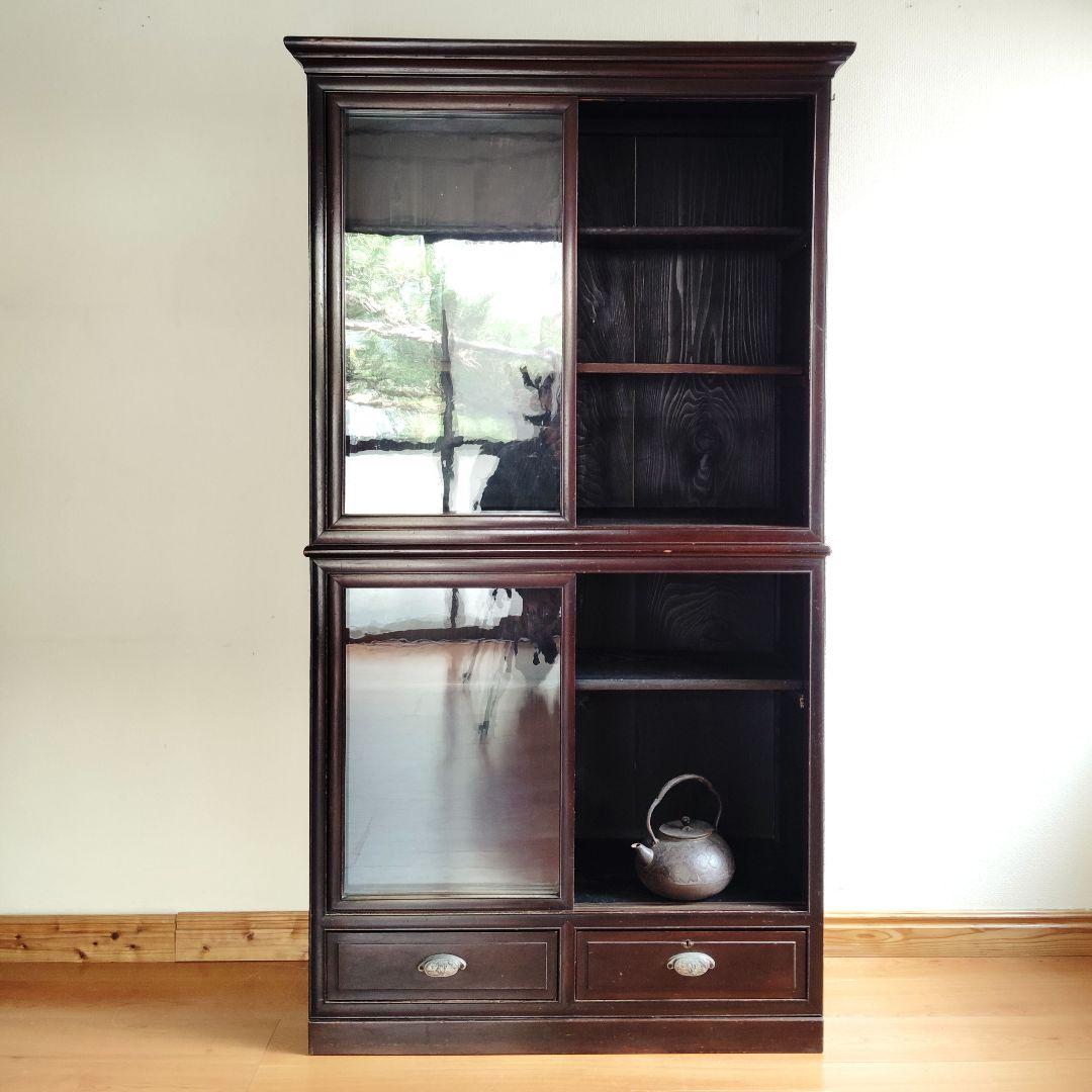 キャビネット ガラス引戸棚 飾り棚 違い棚 食器棚　本棚　ショーケース　古家具