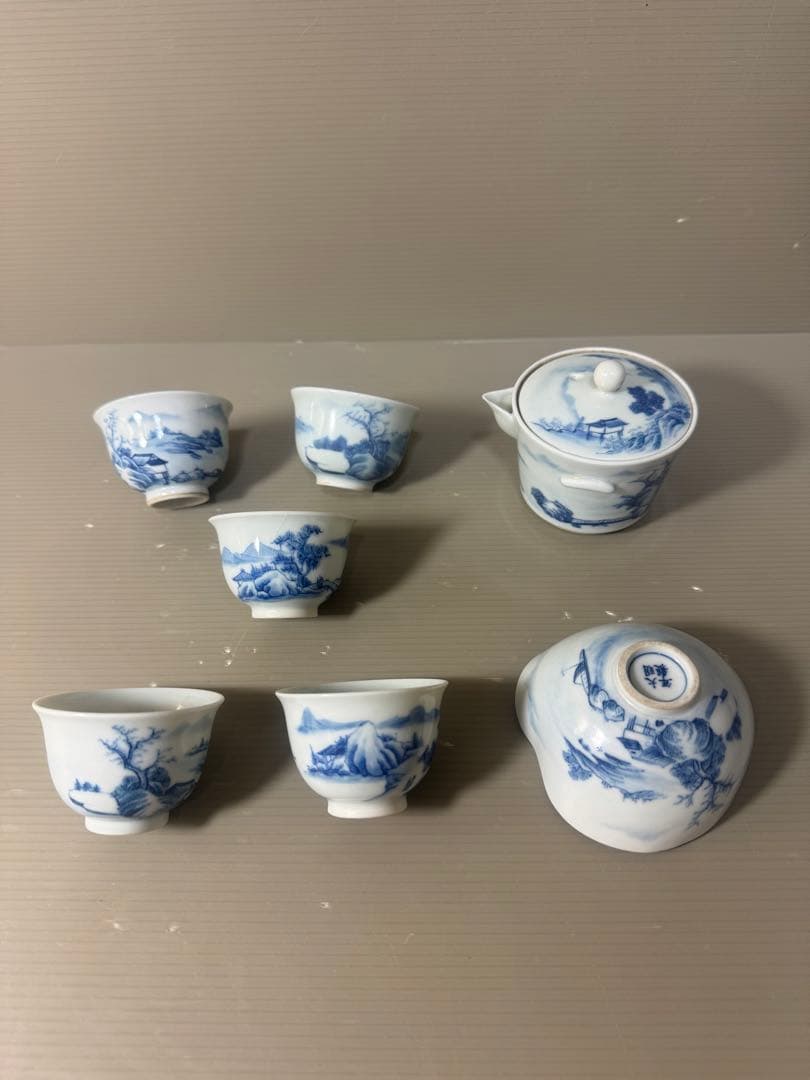 2616中国骨董　大明年製銘　染付山水茶器セット　宝瓶1客　湯冷し1客　湯呑5客
