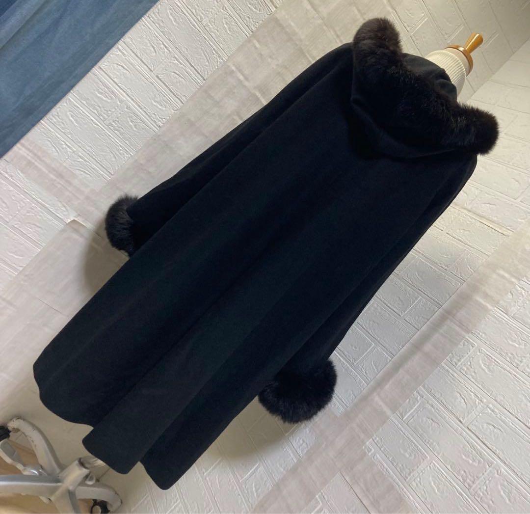 【美品】　カシミヤ100% 毛皮袖取り外し可能　M〜Lサイズ　ブラックロング