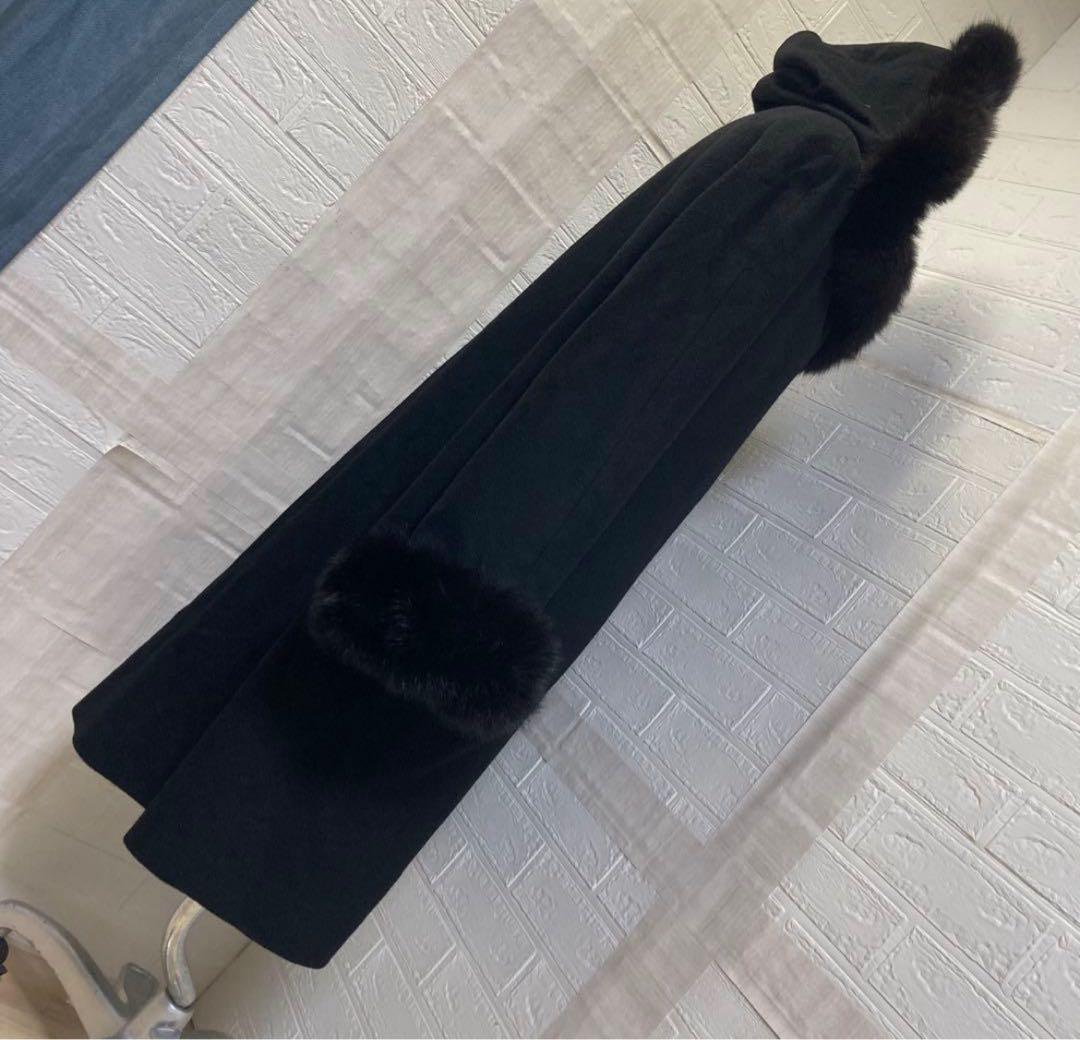 【美品】　カシミヤ100% 毛皮袖取り外し可能　M〜Lサイズ　ブラックロング
