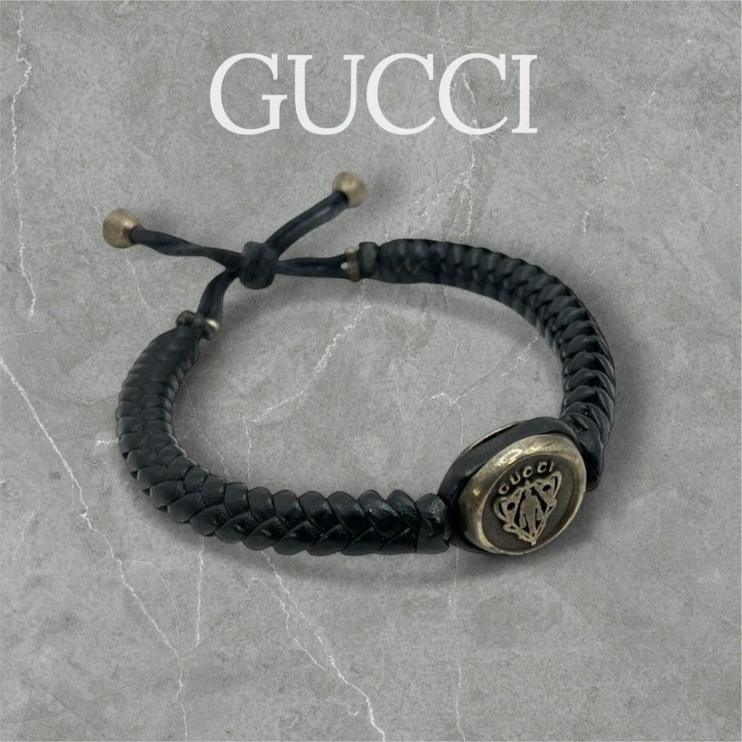 GUCCI ブレスレット　クレスト　エンブレム レザー SV925 編み上げ