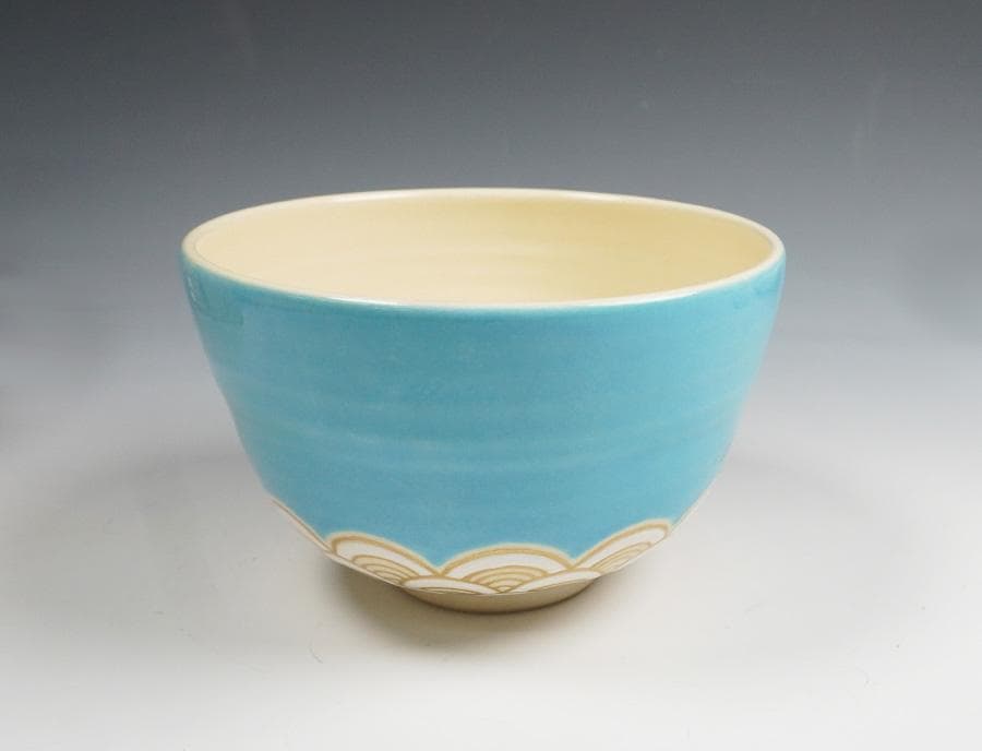 伊藤魁雲 青地鶴之図茶碗 茶道具 共箱