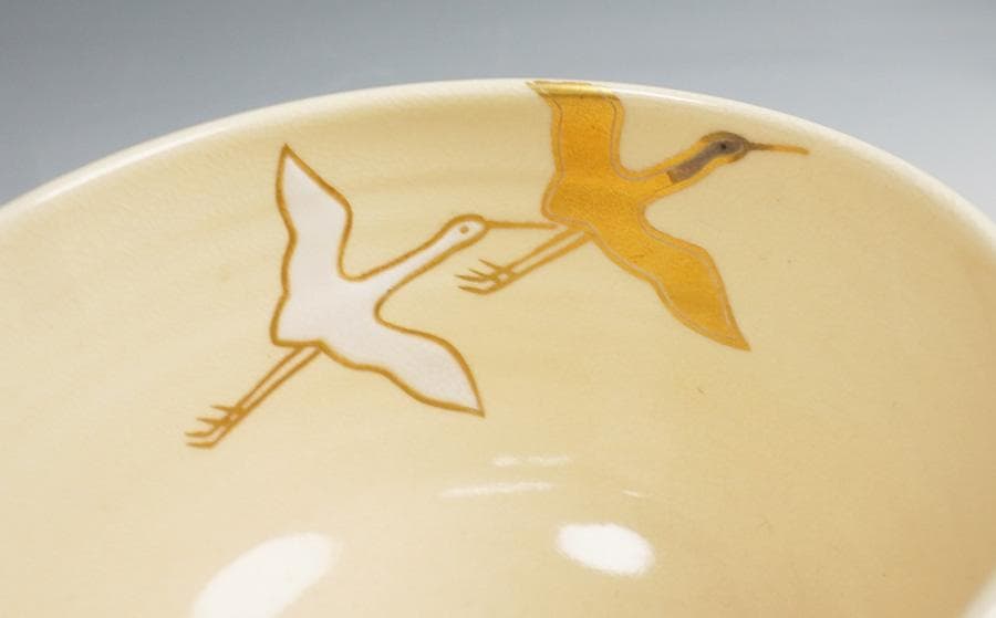 伊藤魁雲 青地鶴之図茶碗 茶道具 共箱