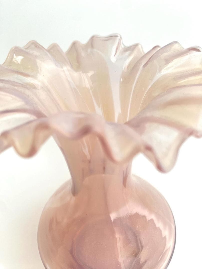 花瓶 ラトビアガラス フリル ×マーブル ピンク フラワーベース 花器 ①