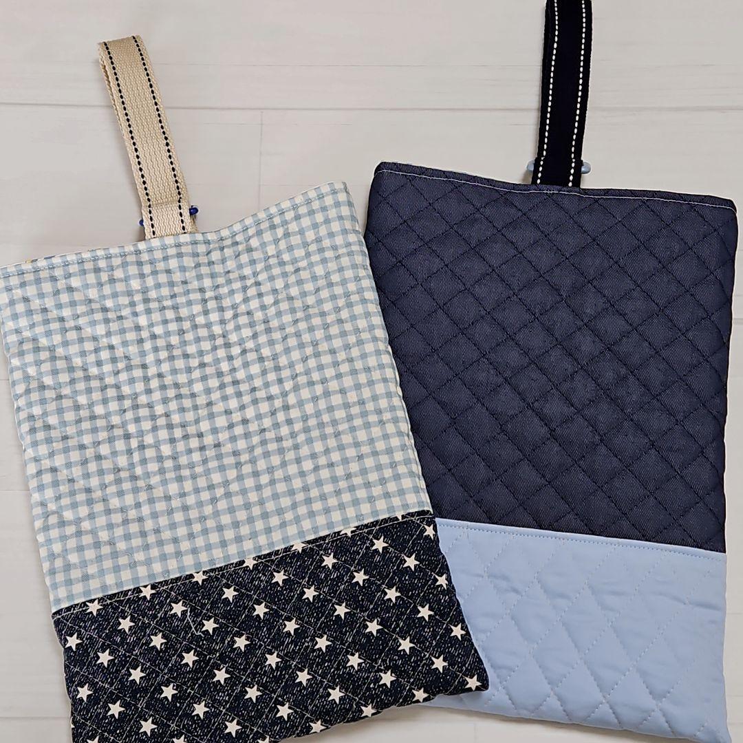 【hirayuページ】上履き袋　男の子　キルティング　 水色チェック