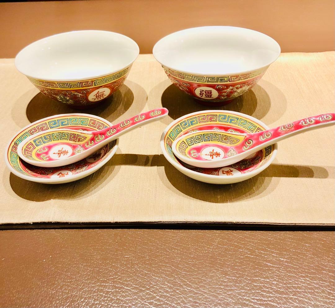 【希少蔵品】景德鎮手描き食器　萬壽無疆柄　お碗＆ソーサー＆レンゲ　6点セット