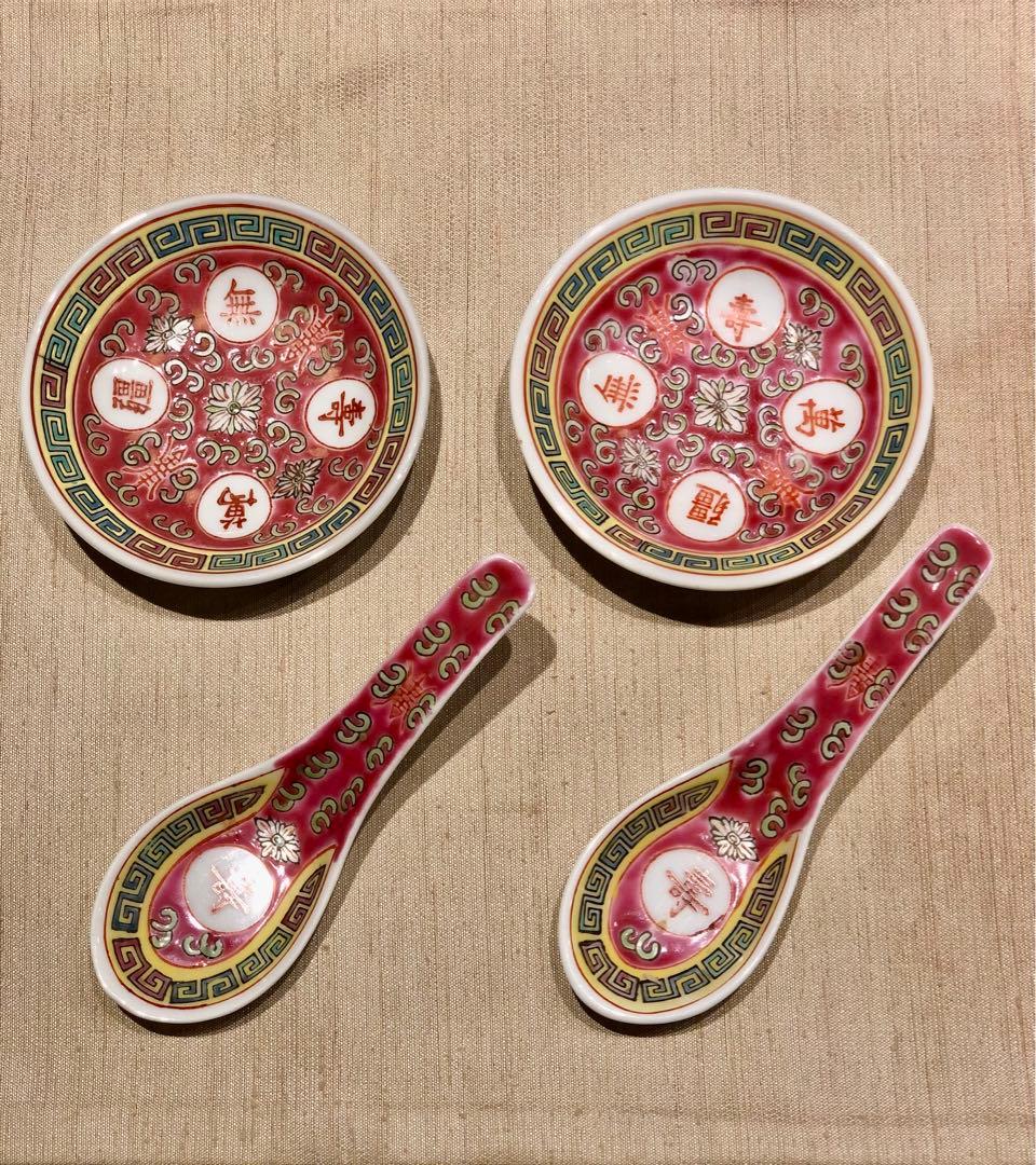 【希少蔵品】景德鎮手描き食器　萬壽無疆柄　お碗＆ソーサー＆レンゲ　6点セット