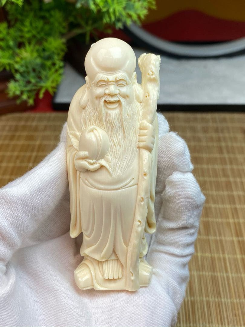 天然マンモス牙美しい手作り彫刻　寿星公　置物