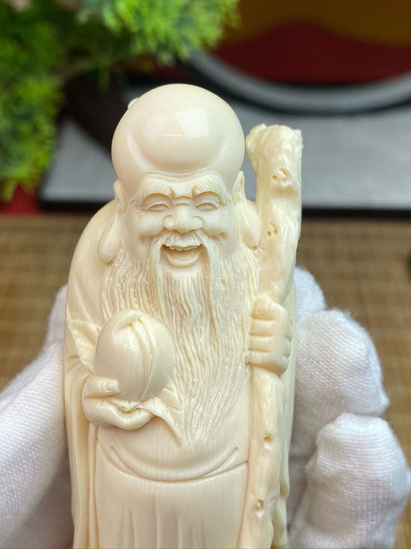 天然マンモス牙美しい手作り彫刻　寿星公　置物