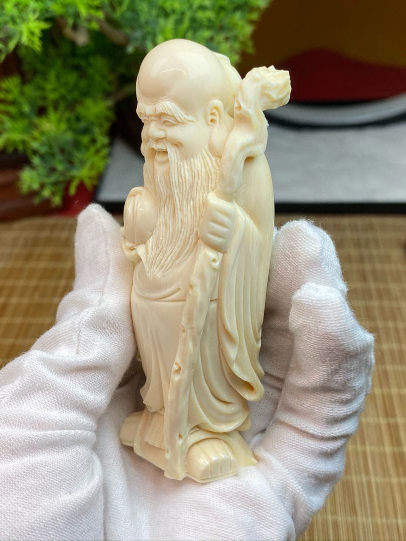 天然マンモス牙美しい手作り彫刻　寿星公　置物