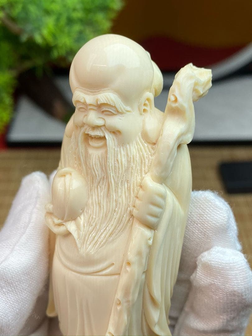天然マンモス牙美しい手作り彫刻　寿星公　置物