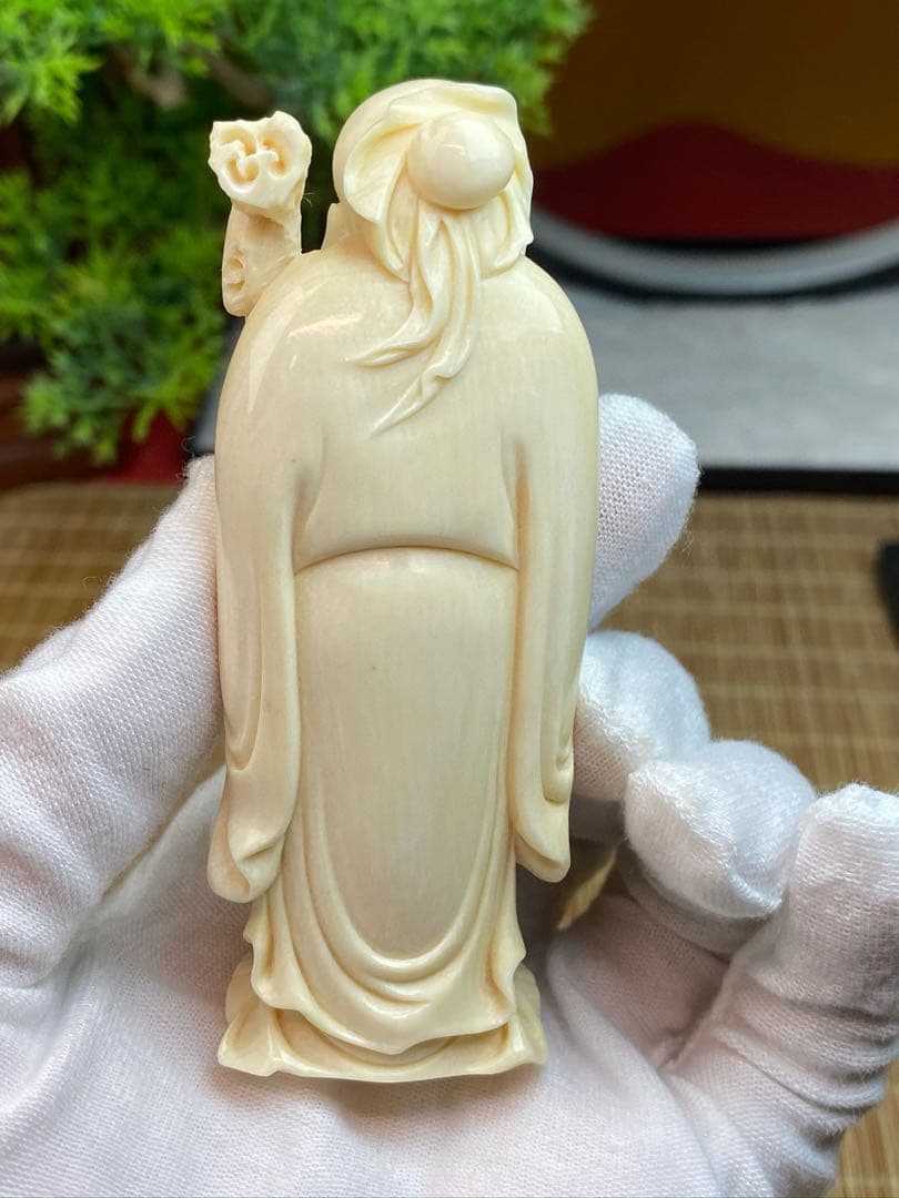 天然マンモス牙美しい手作り彫刻　寿星公　置物