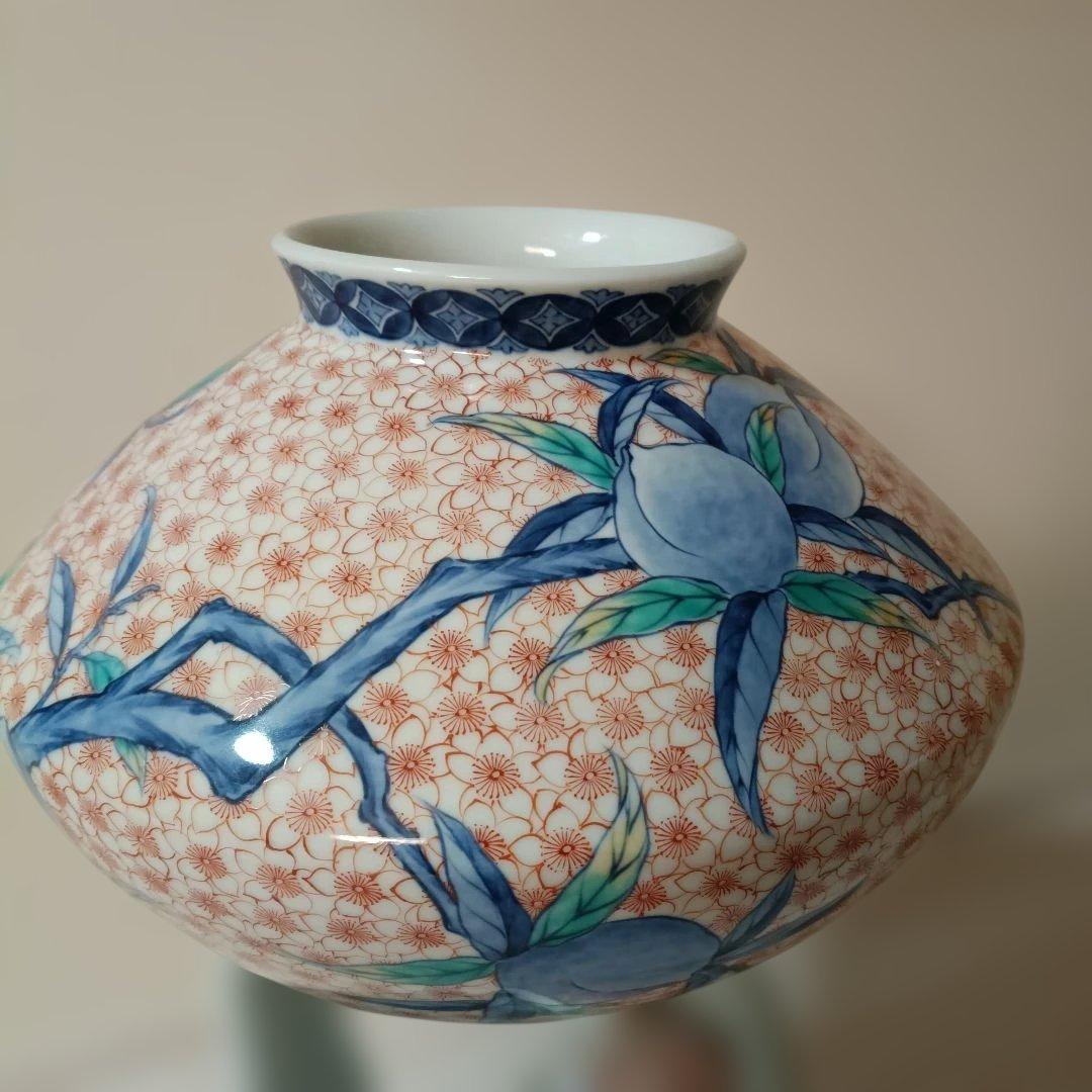 花柄陶器花瓶 ✿市川光春　鍋島御庭焼　桃文台付花瓶