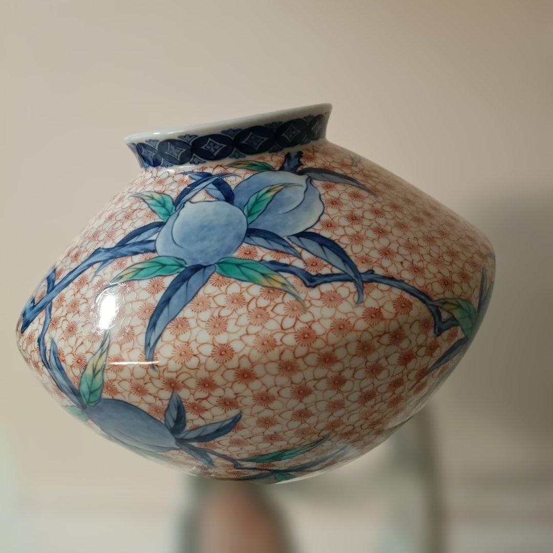 花柄陶器花瓶 ✿市川光春　鍋島御庭焼　桃文台付花瓶