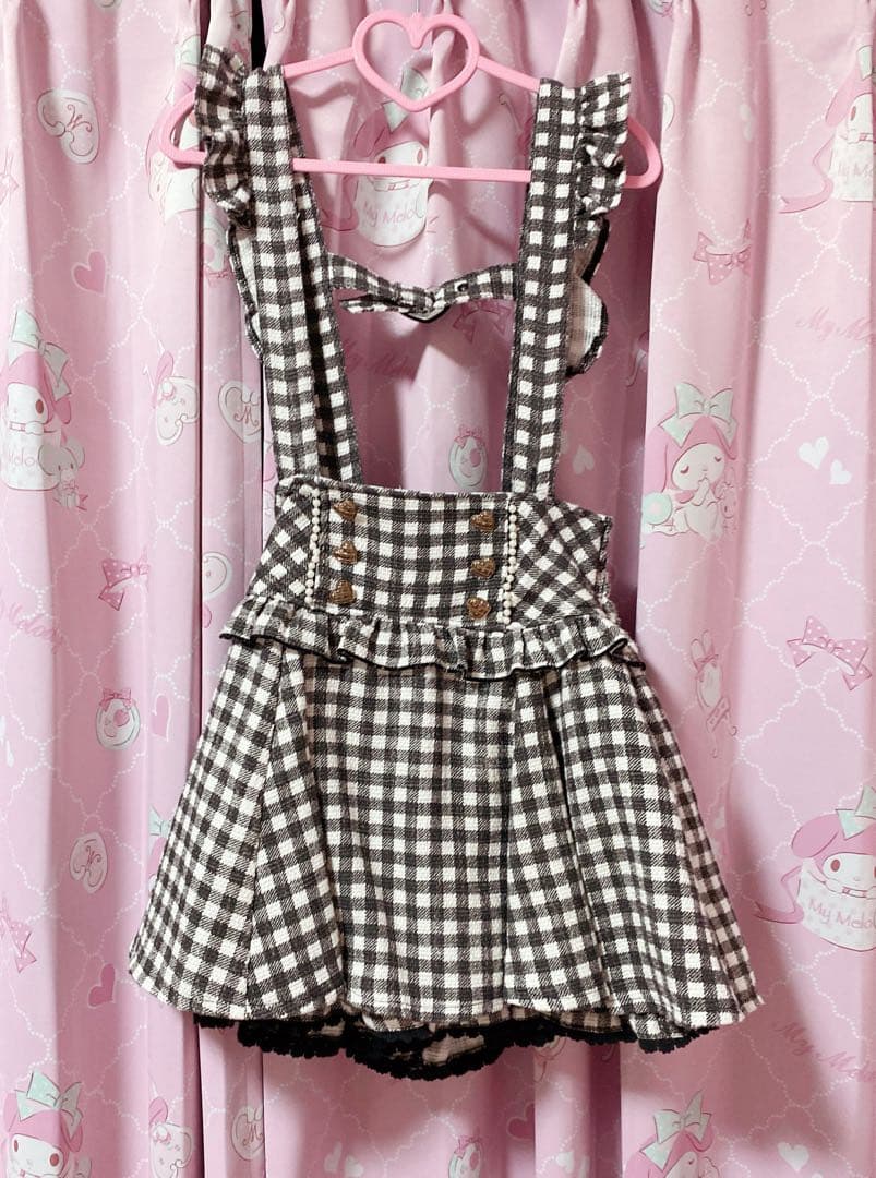 LIZLISAギンガムツイードサスペンダー付きスカパン