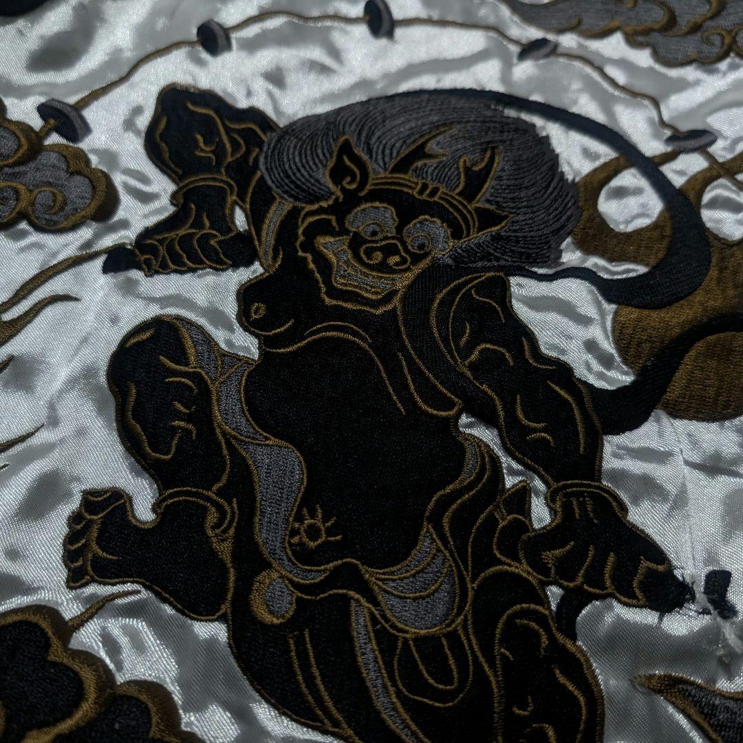 90s　ビンテージ　サテン　スカジャン　和柄　風神雷神　アーム刺繍　シルバー　黒