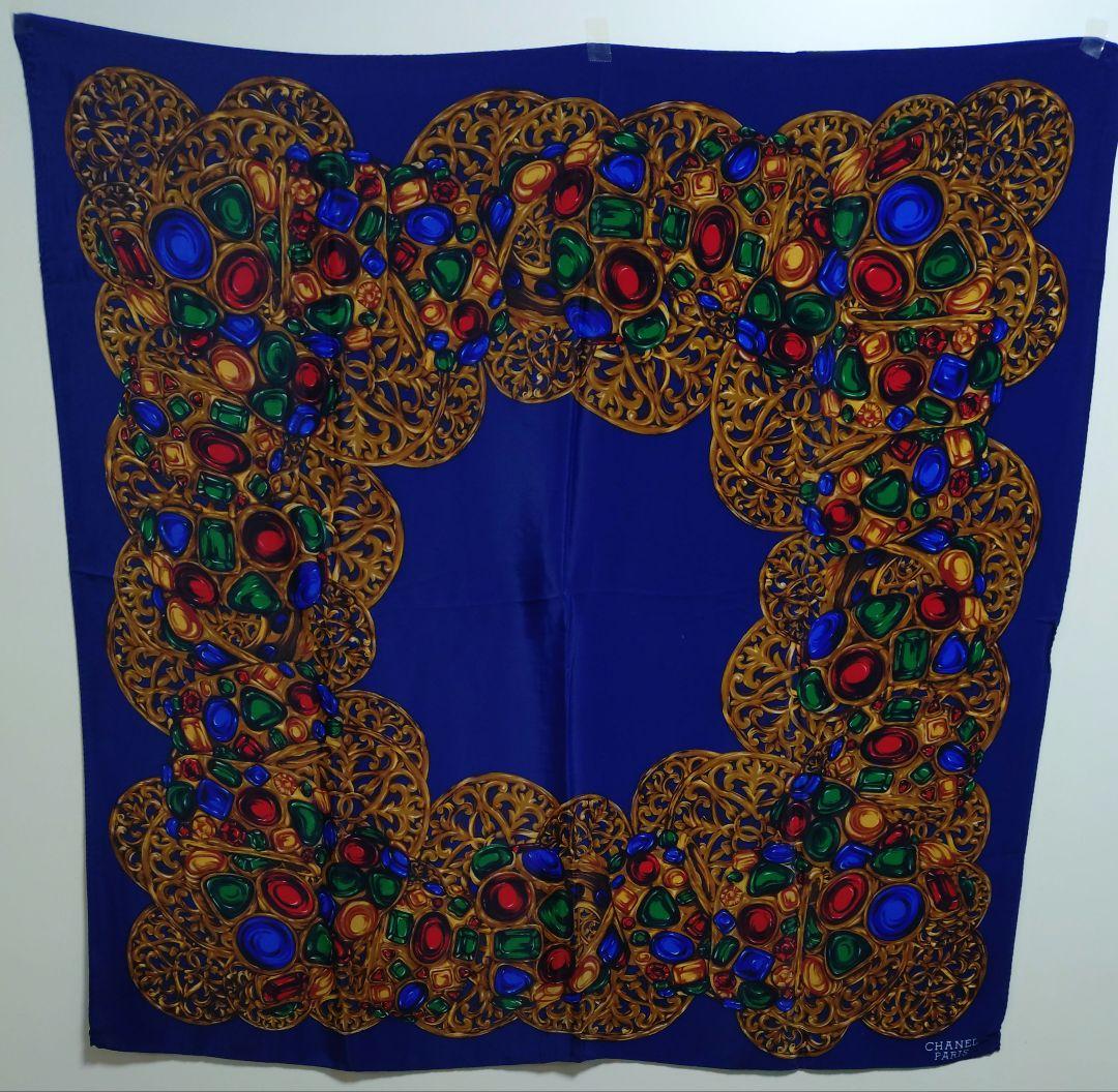 ［ゆな］シャネル CHANEL青色 宝石模様 スカーフ 約85cm