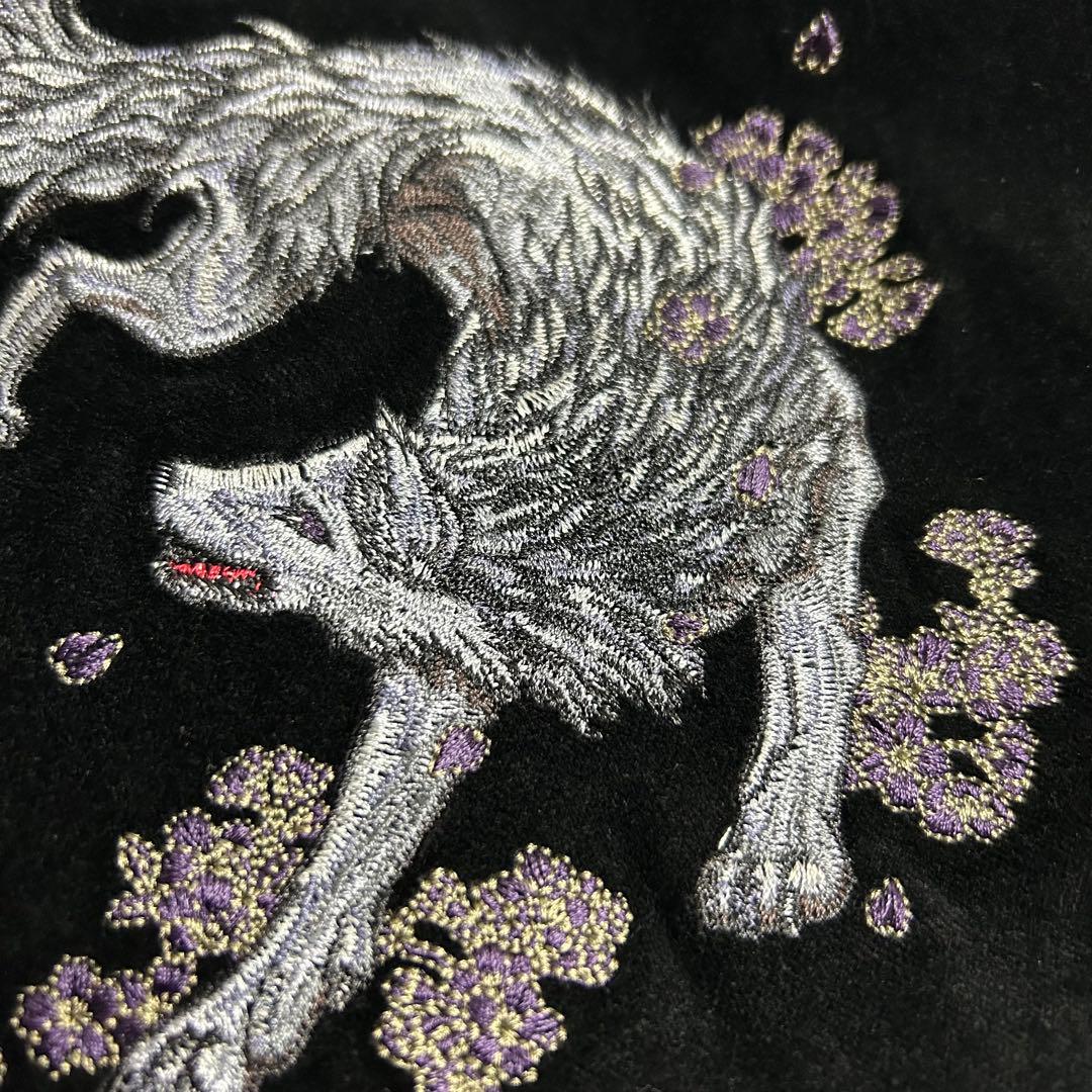 【希少/美品】朧(OBORO)狼刺繍別珍スカジャン/和柄/華鳥風月/黒/XXL