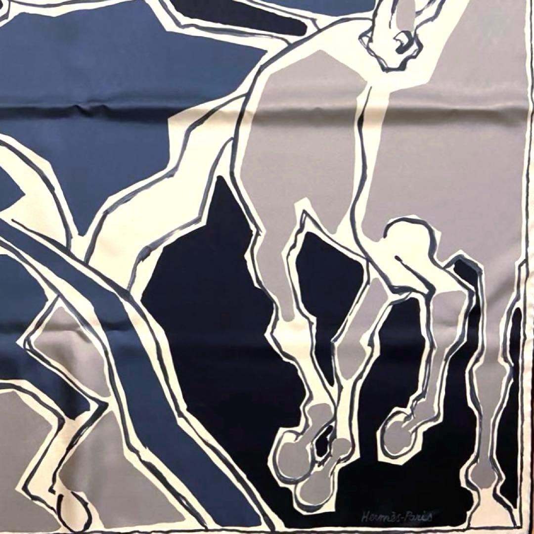 美品 お洒落エルメス シルクスカーフ カレ90 馬のダンス ダブルフェイス 青赤
