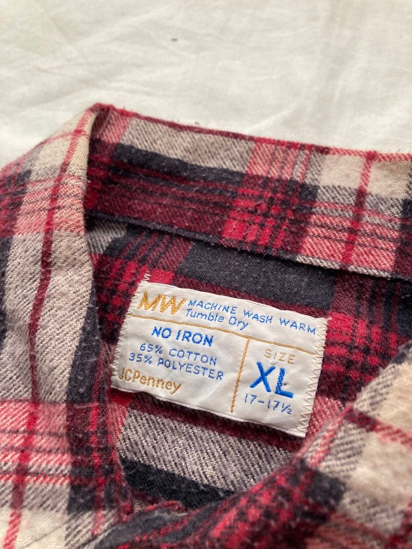 【希少】70s JC PENNY プリントネルチェックシャツ XL 赤系 長袖