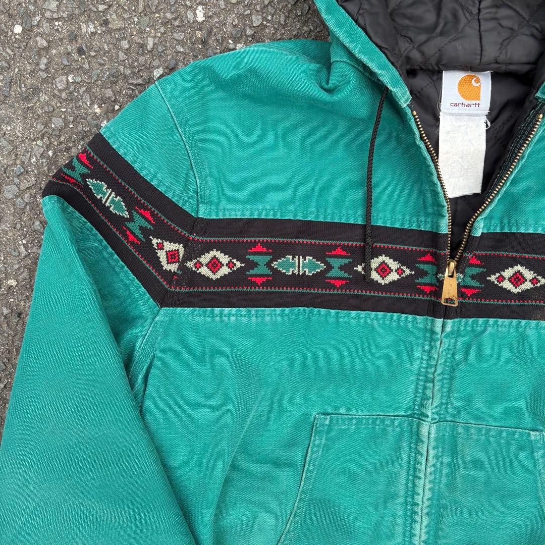 90s USA Carhartt アクティブジャケット　ネイティブ柄　ターコイズ
