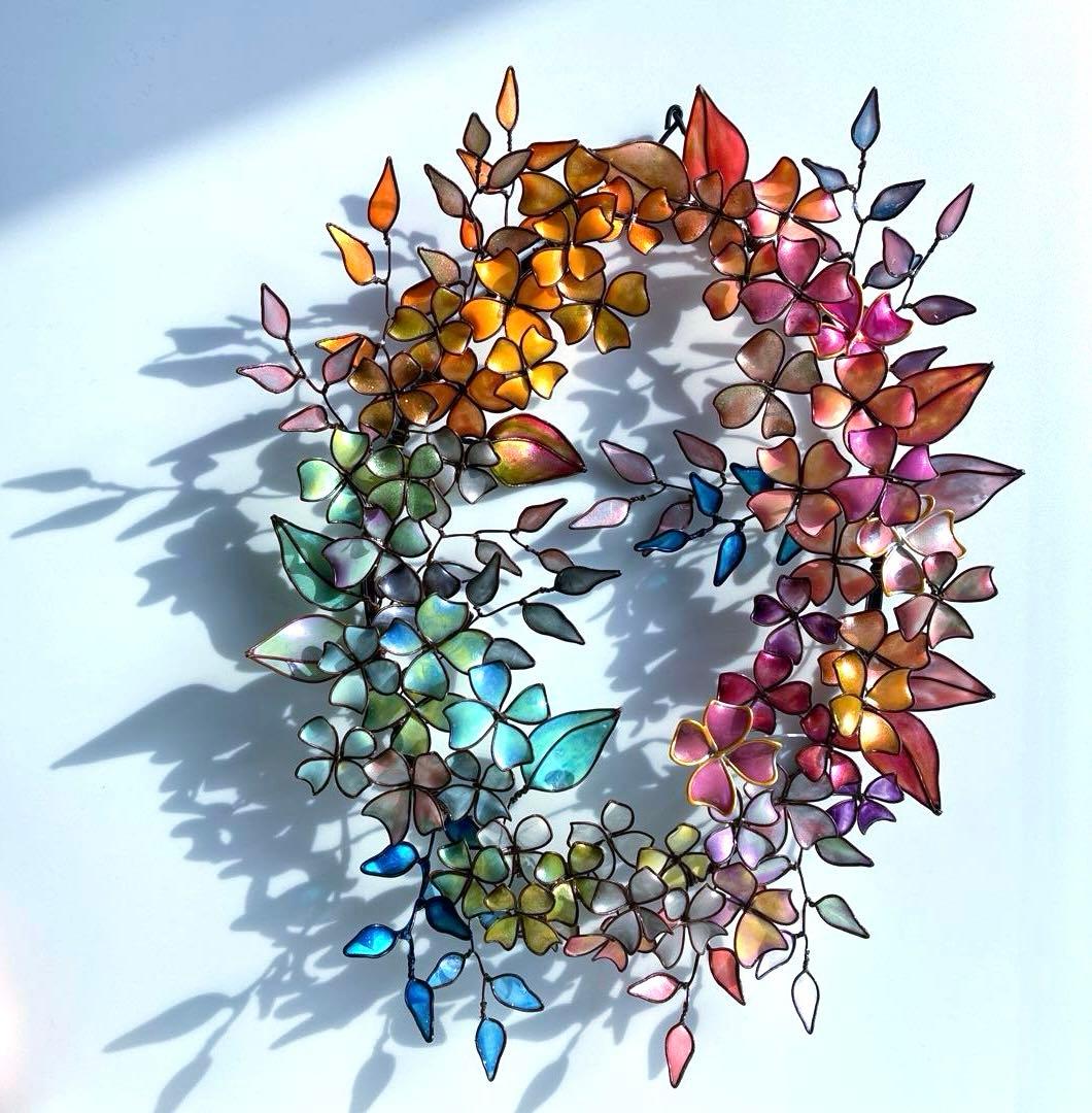 一点物　大きなアンティーク調フラワーリース　ワイヤークラフト　ディップアート