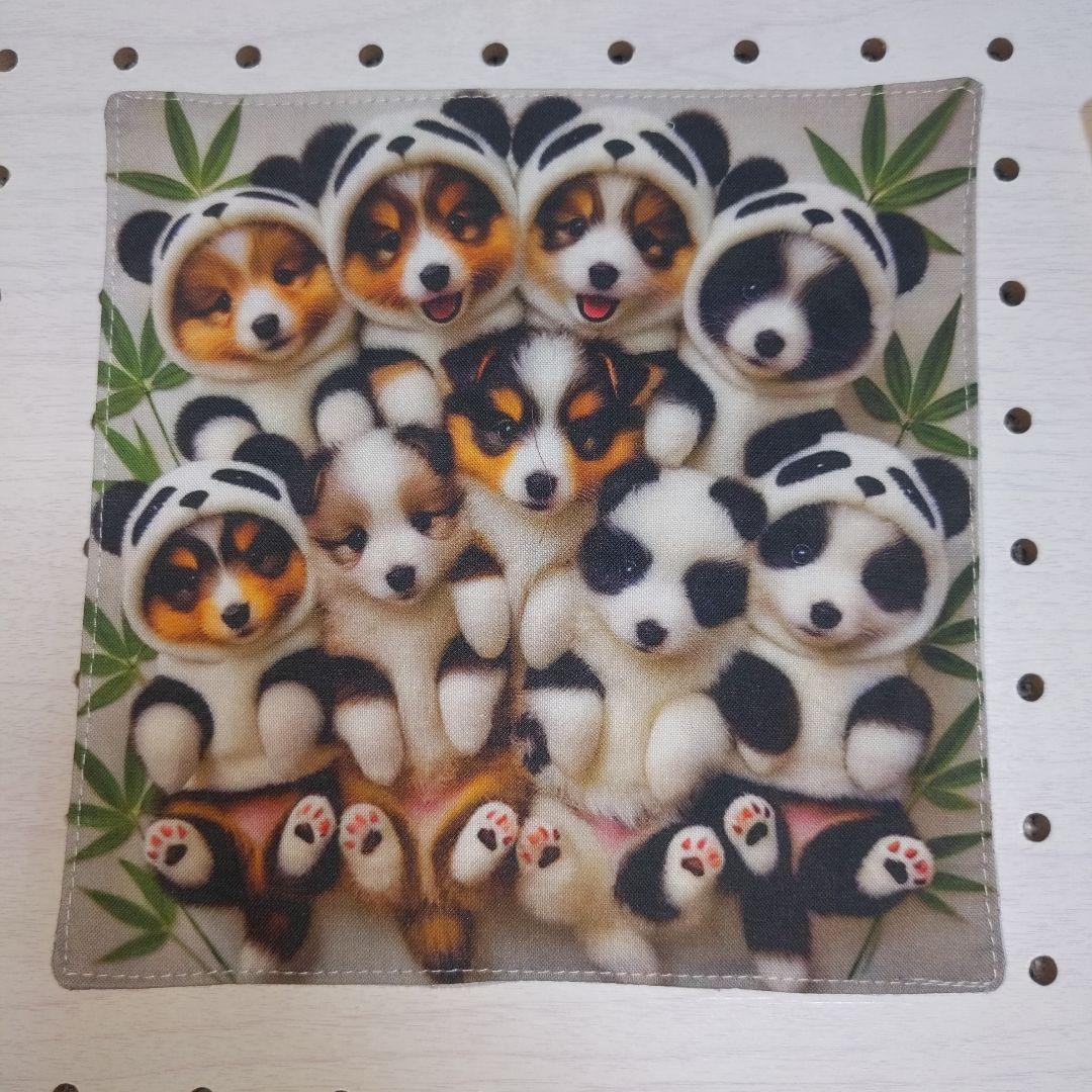 パネル生地　ミニハンカチ　ガーゼハンカチ　犬　ワンコ　シーズー　パンダ犬　２枚⑧