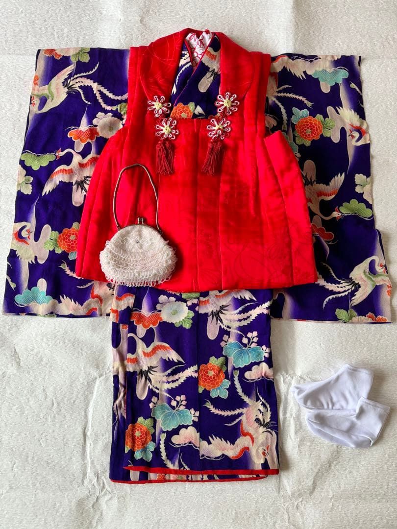 七五三に★アンティーク　大正縮緬　紫色に鳳凰　3歳着物セット