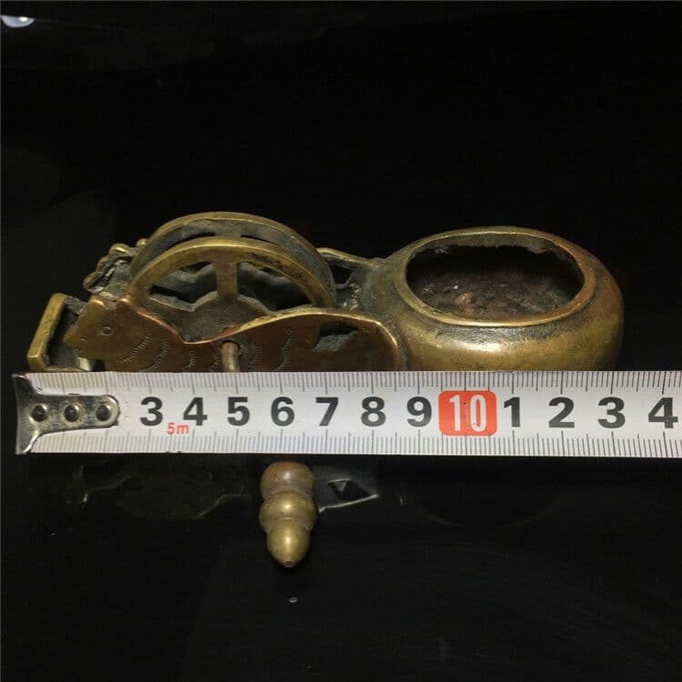 古玩古老皮殻真鍮墨斗銅器工芸品木工線器虎頭墨斗