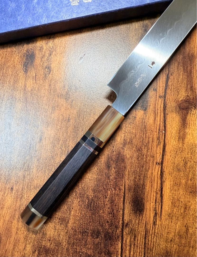 祥太郎作　刺身 切付 柳刃 水本焼 青一鋼　鏡面　尺　包丁　黒檀銀巻白水牛八角柄