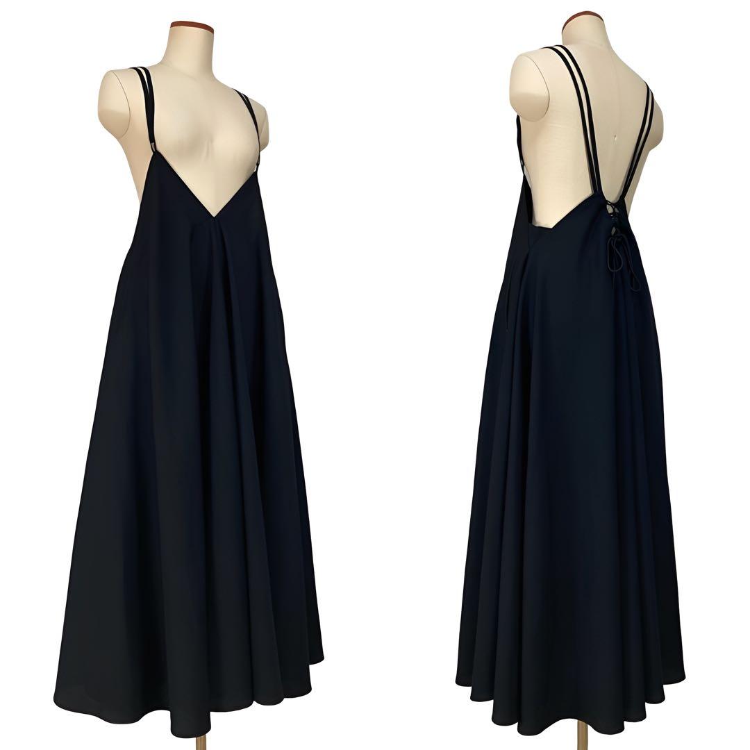 LIMI feu リミフゥ ウールギャバ バックレース ショルダードレス 黒Ｓ