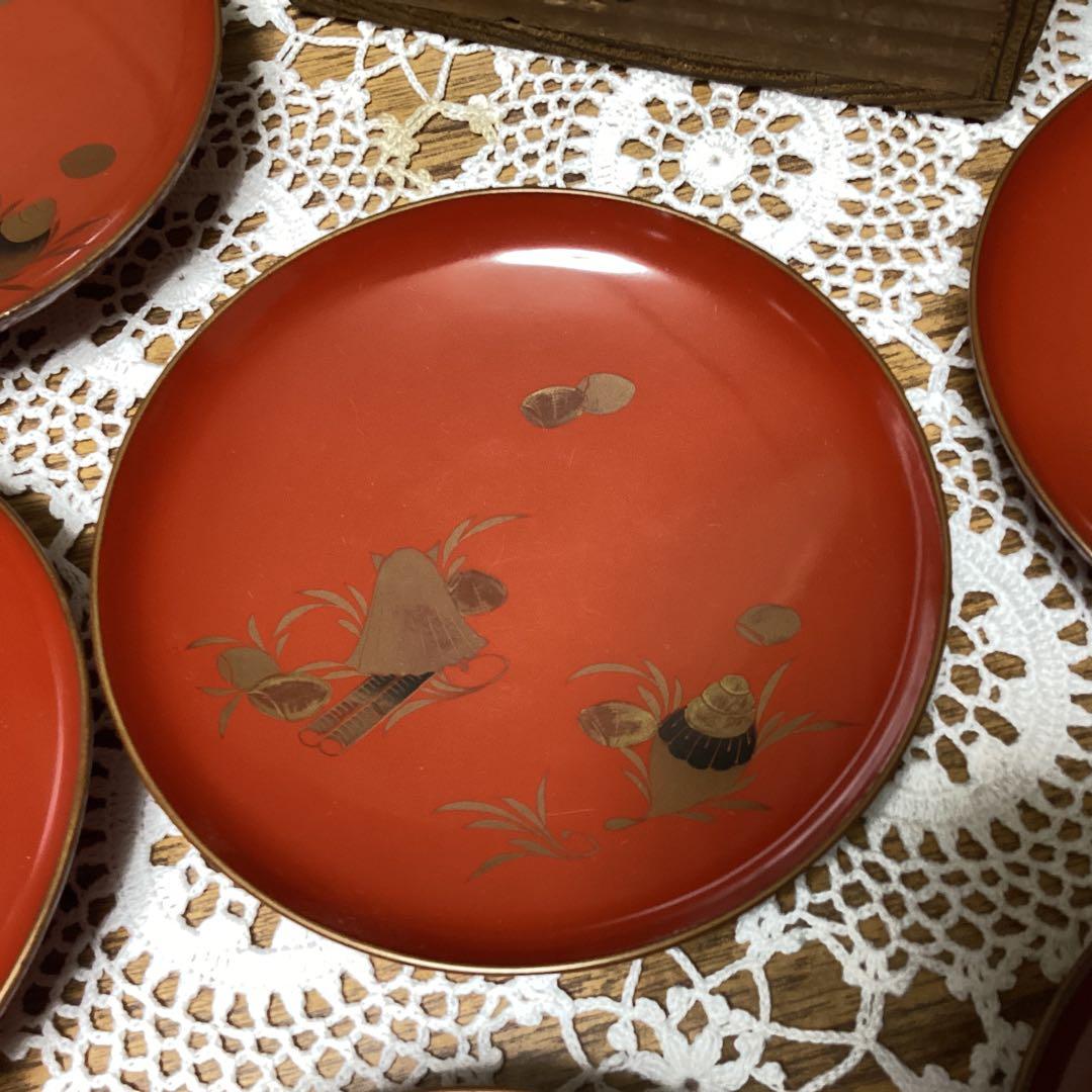 k2f9 漆器 盃19枚セット 赤色　貝の絵　小皿でも