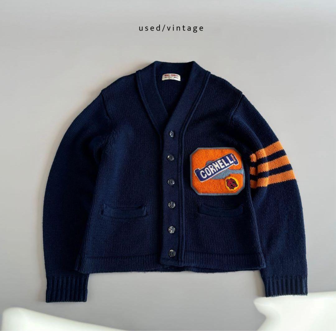 80s~90s used ワッペン クマ レタード カーディガン ニット