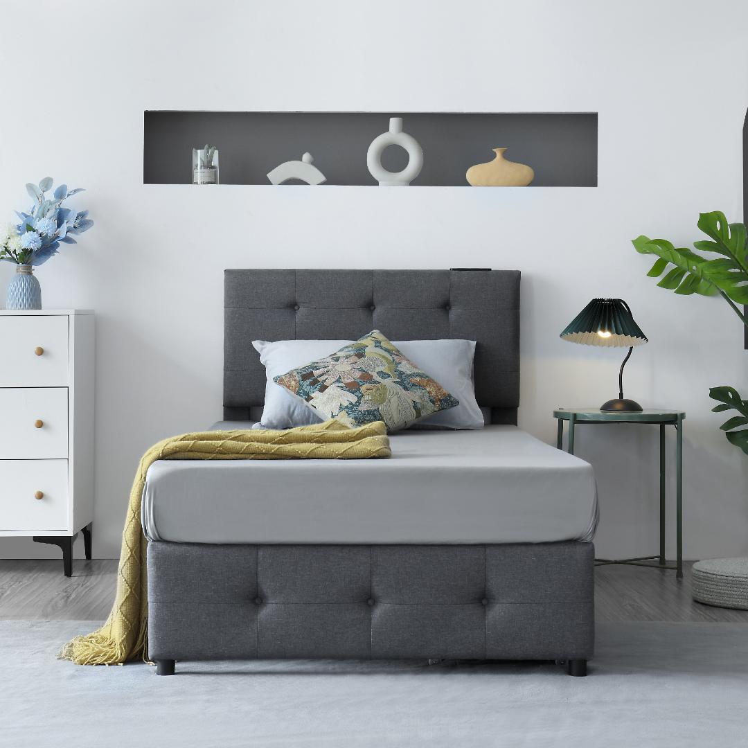 【厚さ10cmマットレス付き】ファブリックベッド 引き出し付き ダークグレー