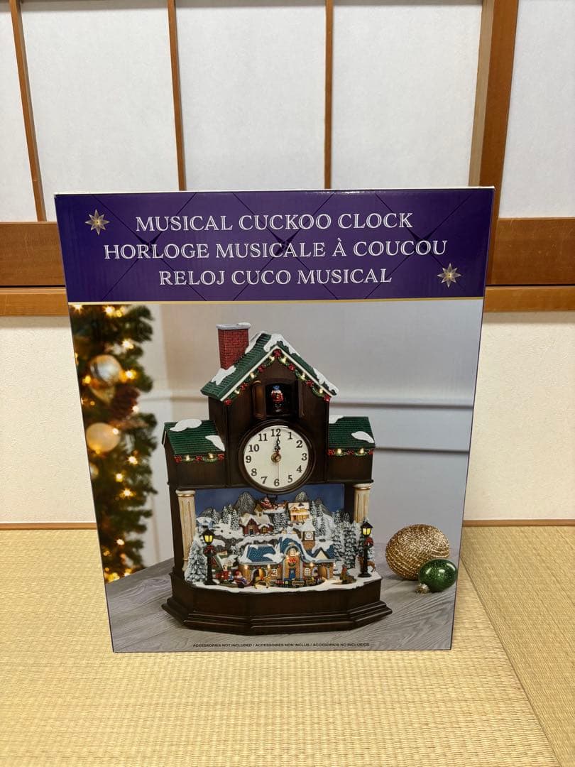 クリスマス装飾カッコウ時計、クリスマスビレッジシーン、LEDライト、音楽、