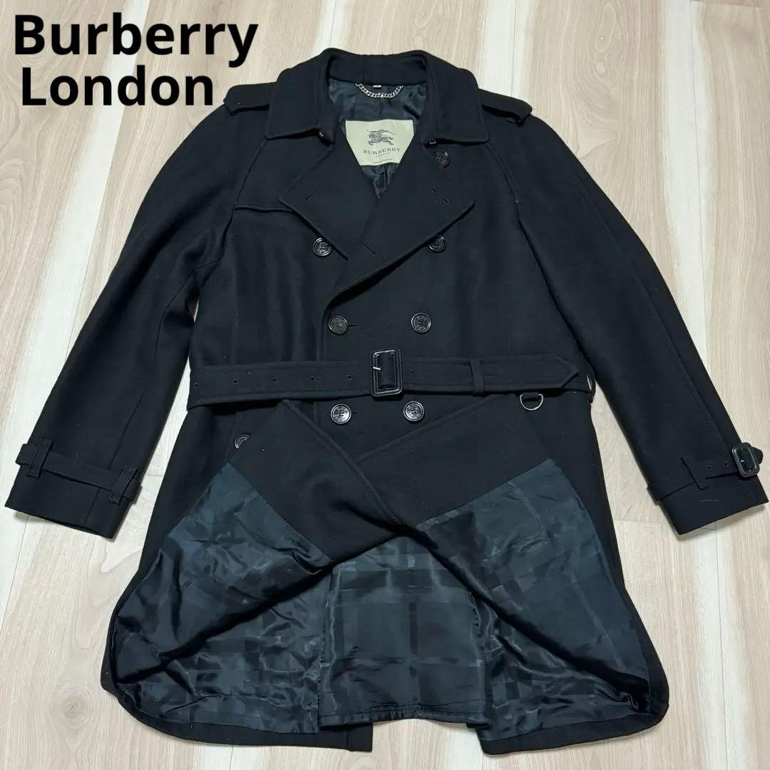 美品 バーバリーロンドン 最高級 裏地チェック ブラック ウールコート