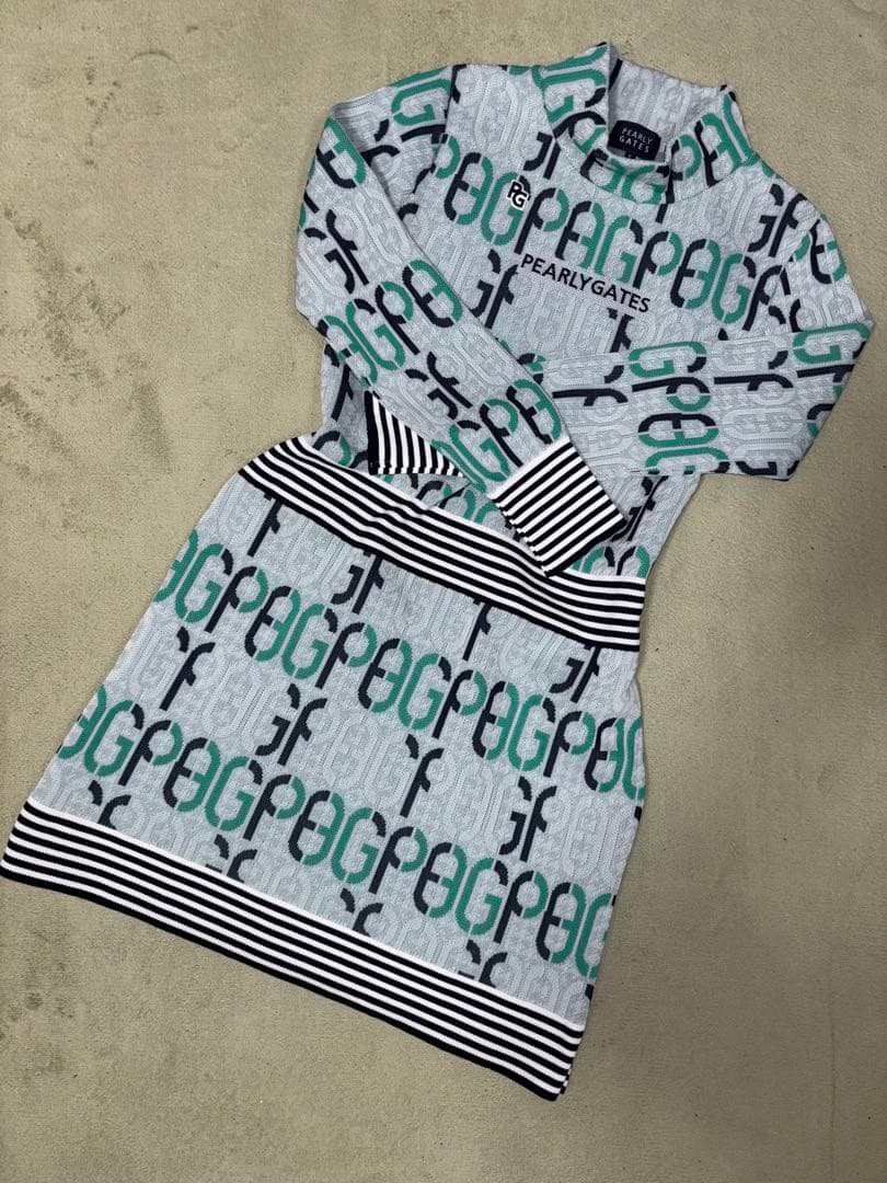 （新品）パーリーゲイツ、アモッサロゴ クサリ柄、ニットワンピース、サイズ0