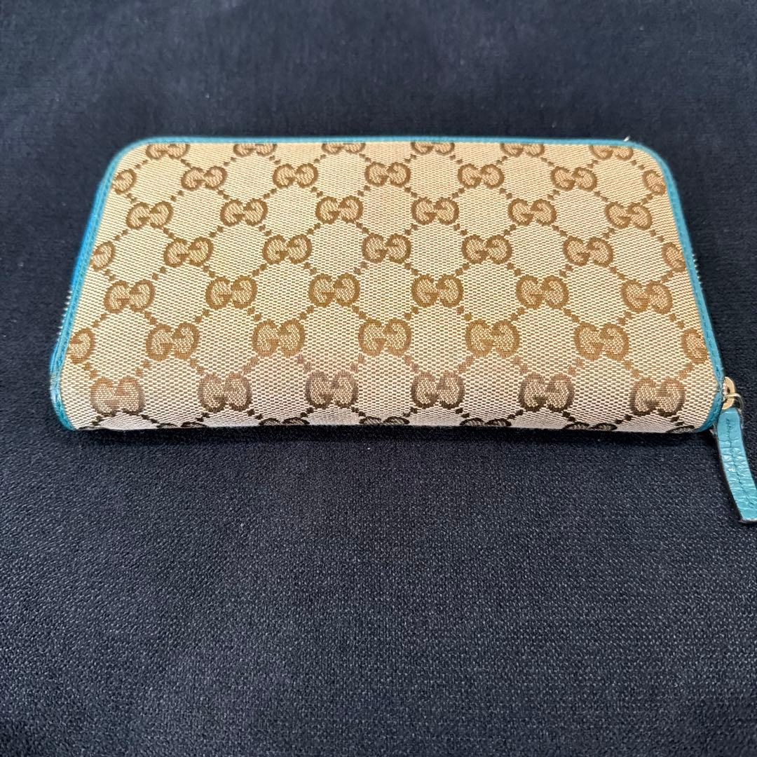 グッチ 長財布 GG キャンバス ターコイズブルー ラウンドファスナー