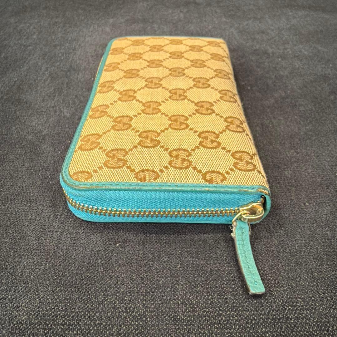 グッチ 長財布 GG キャンバス ターコイズブルー ラウンドファスナー