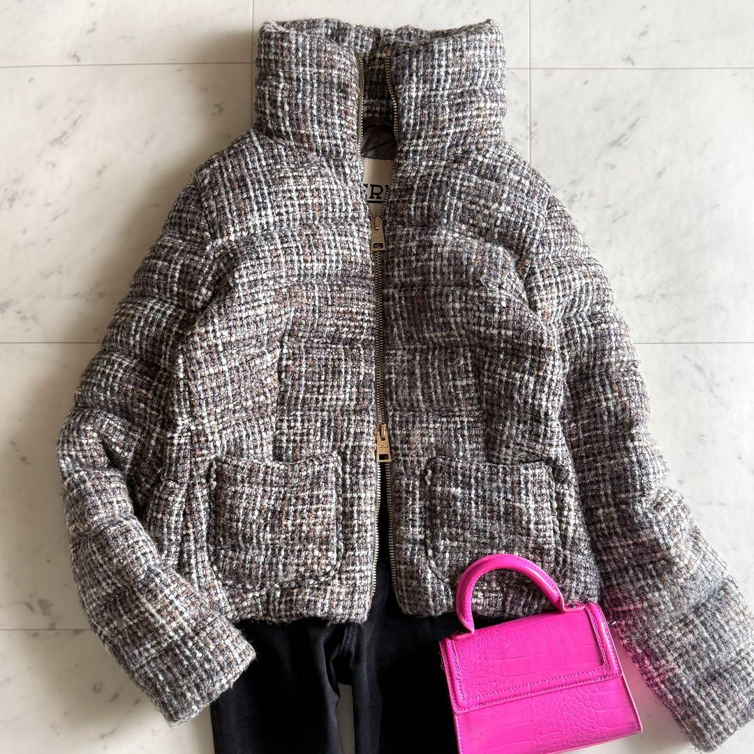 美品 ヘルノ サイズ44 ツイード スタンドカラー ショート ダウンジャケット