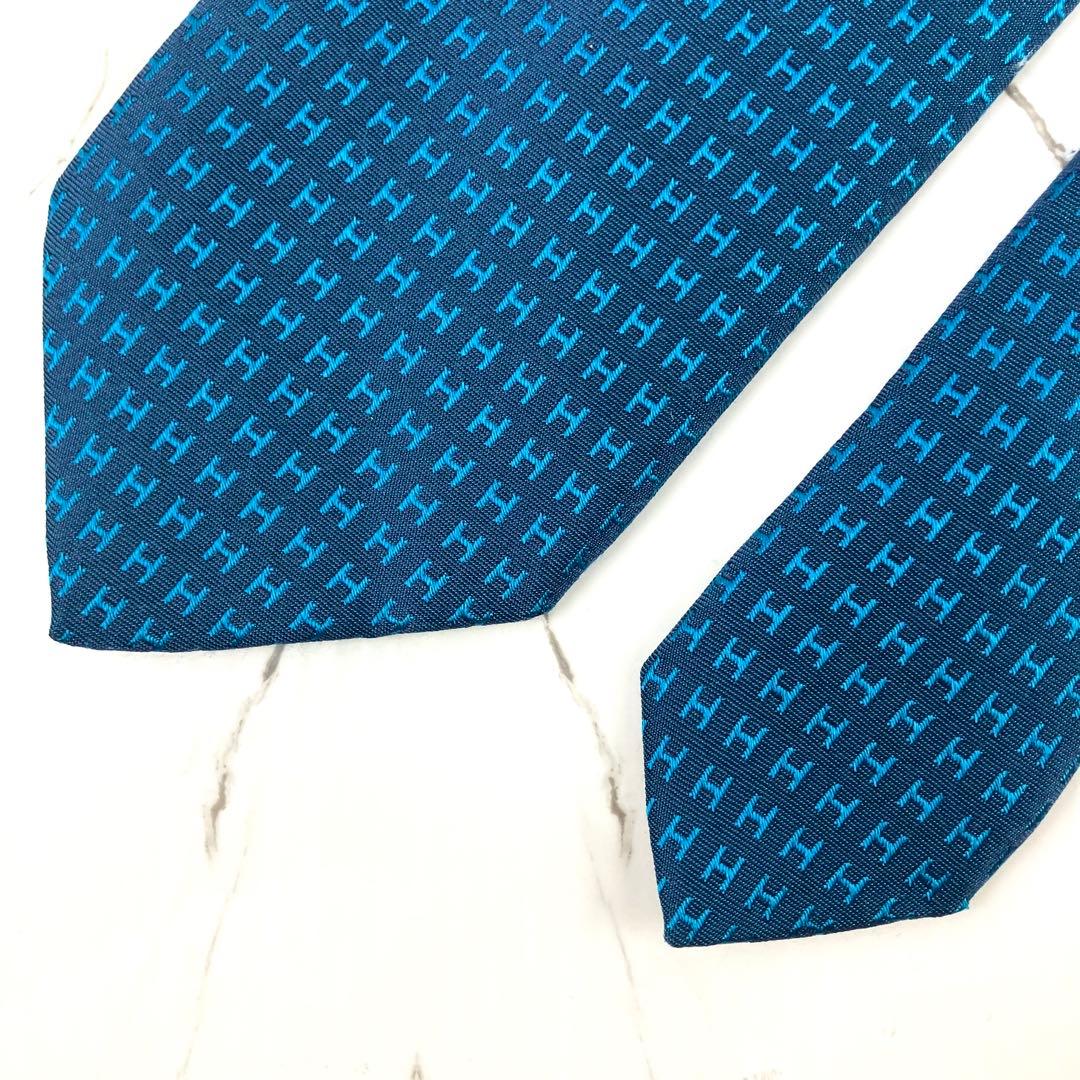 Momo　美品　エルメス　ネクタイ　ファソネ　H柄　H織　ジャガード　ブル