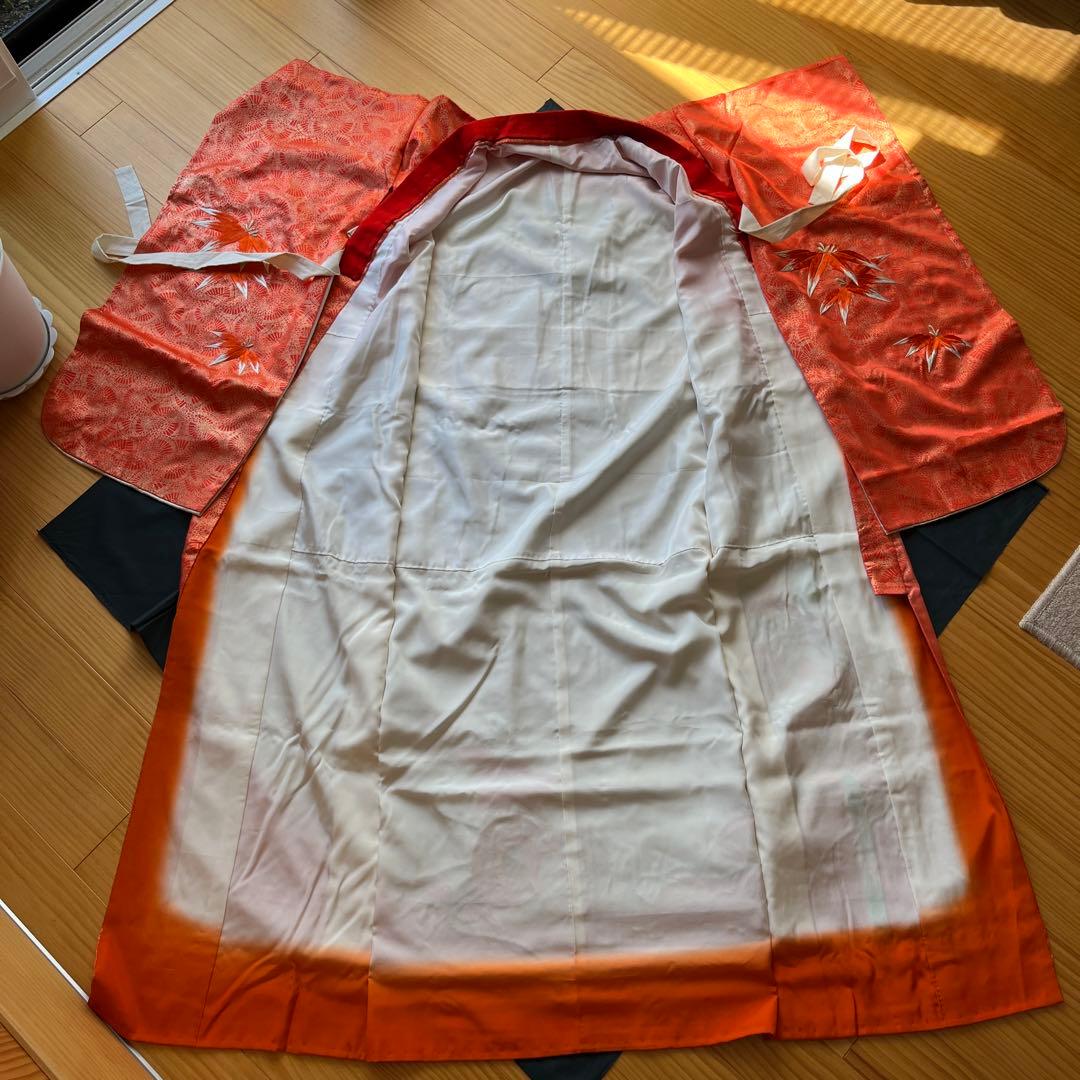 七五三 七歳着物　アンティーク　刺繍艶やか10点セット　オレンジ